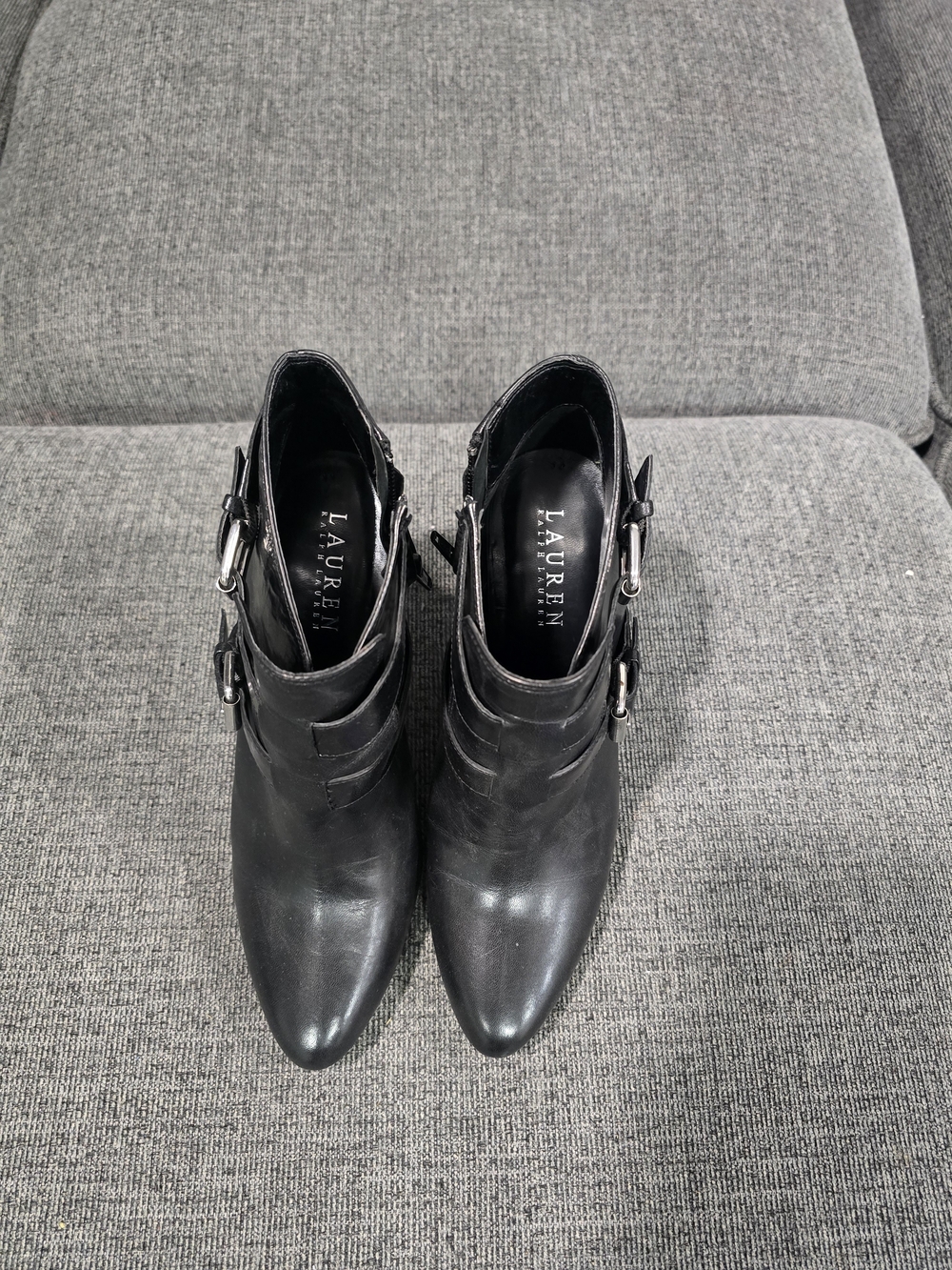 Lauren Ralph Lauren Black Pointed Leather Ankle Booties with Buckles